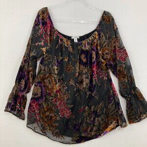 Astars Large Black Multicolor Floral Velvet Burntout Flare Sleeve Top Whimsigoth